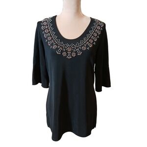 Susan Graver Style Liquod knit Black Embellished Scoop Neck 3/4 Sleeve Top XS